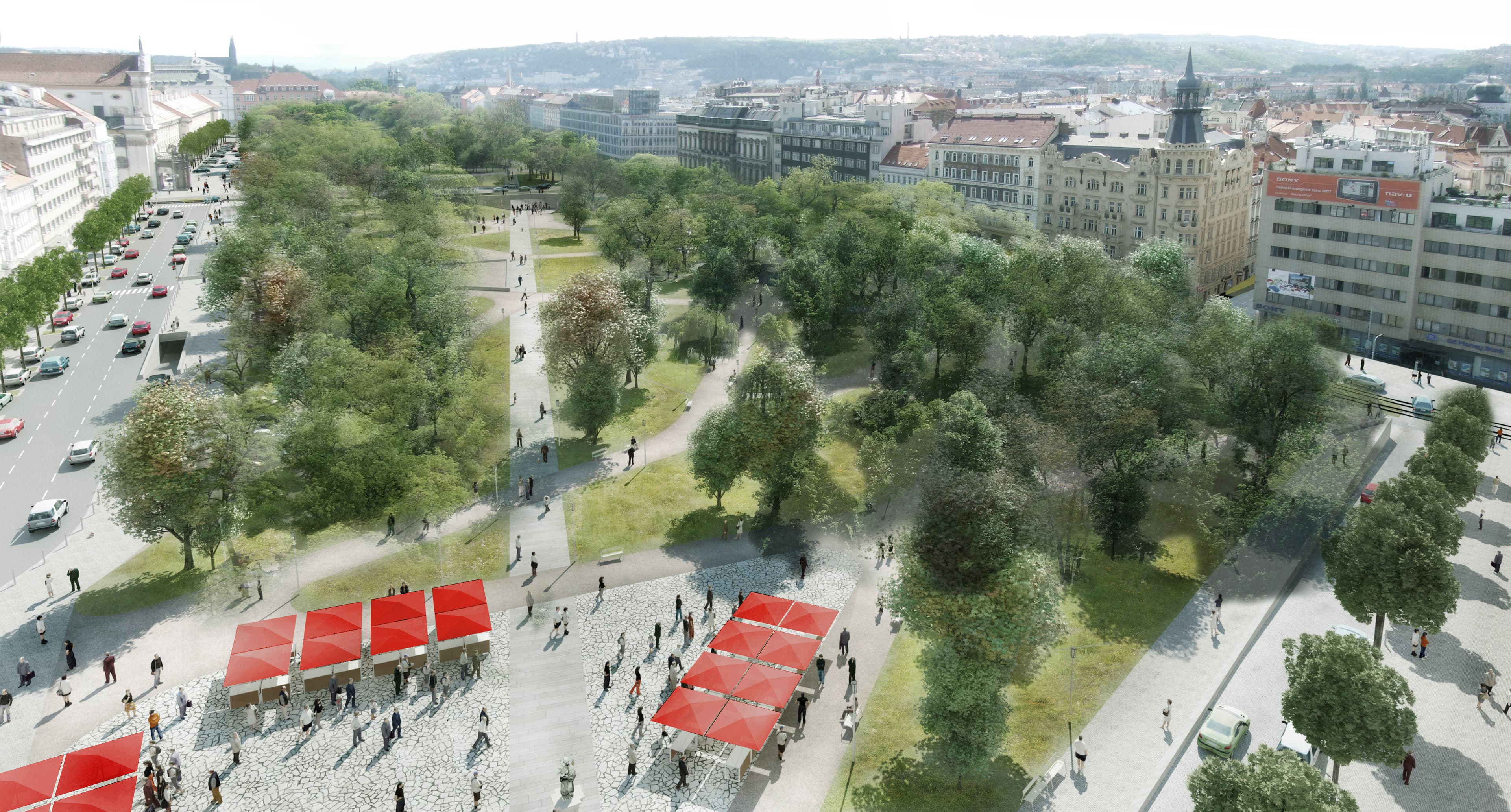 Letecký pohled na navržený park Karlova náměstí s tržnicí v popředí