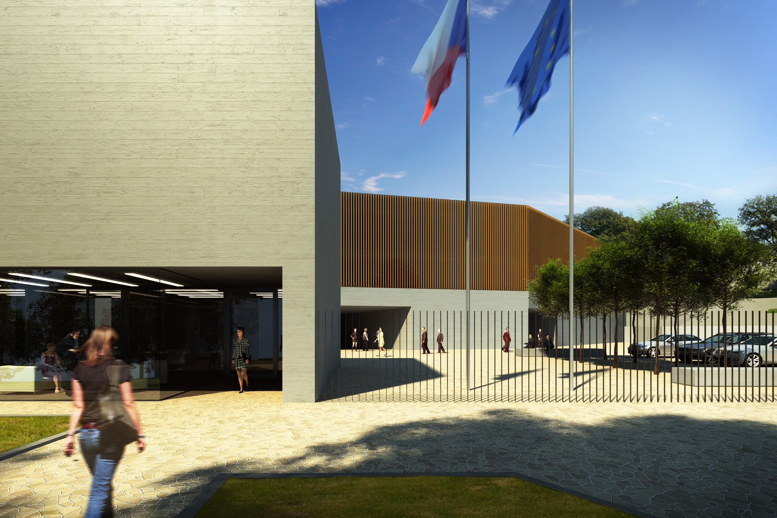 Vizualizace vstupního nádvoří ambasády s vlajkami a dřevěnou clonou